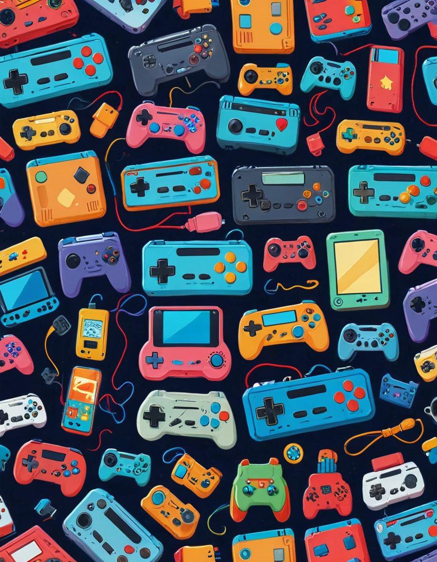 An engaging and colorful scene showcasing a diverse group of gamers transitioning from classic gaming consoles to modern mobile devices. Include a retro console in one corner, a sleek smartphone in another, and characters of varying ages delighting in the experience. Surround them with iconic gaming elements like joysticks, mobile apps, and vivid game worlds. Bright, dynamic colors reflecting excitement and innovation. super-realistic. vibrant colors.