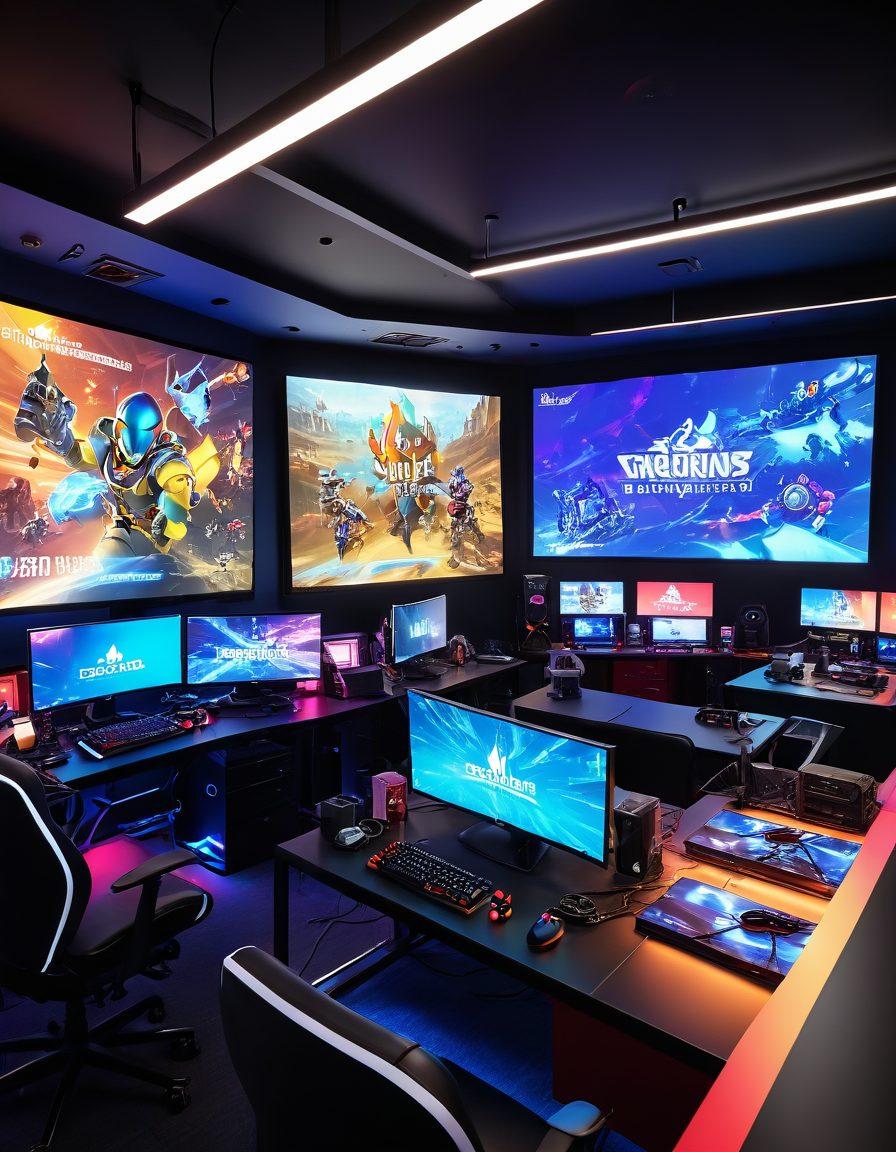 A dynamic and colorful gaming landscape featuring a variety of gaming consoles, a computer setup with multiple screens displaying eSports tournaments, and characters from popular indie games. Include elements like game controllers, a trophy, and a map showcasing different gaming trends. The scene should evoke excitement and exploration in the gaming world. vibrant colors. 3D.