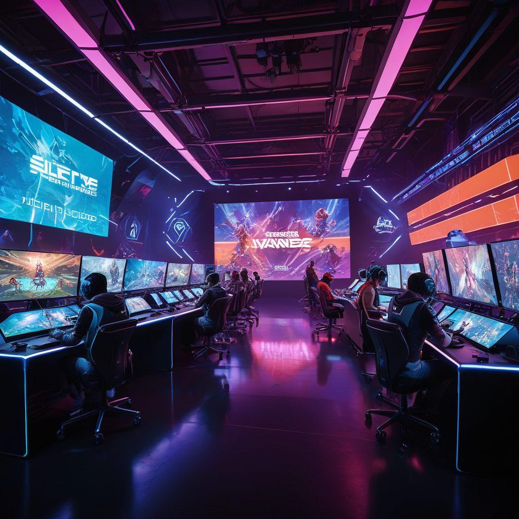 A dynamic scene showcasing an intense eSports competition with players engaged in a fierce multiplayer match. Include elements of indie games like vibrant character designs and unique game environments that demonstrate creativity. Blend in visual cues like charts and trends displaying eSports statistics, highlighting the latest developments in the industry. The atmosphere should feel energetic with a futuristic gaming arena backdrop. super-realistic. vibrant colors. 3D.